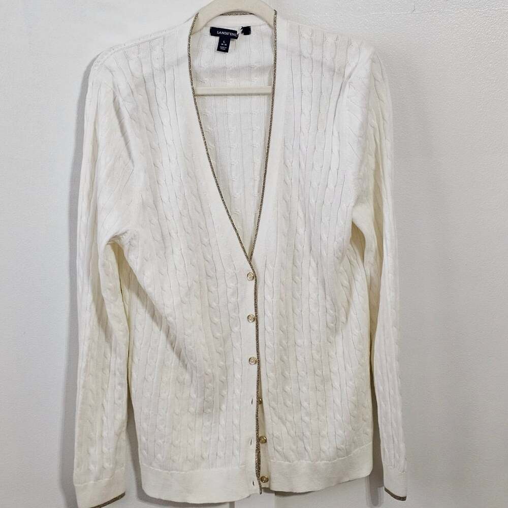 Lands' End Women L 14-16 Ivory Cable Knit Cardigan Gold Trim Pearl Buttons